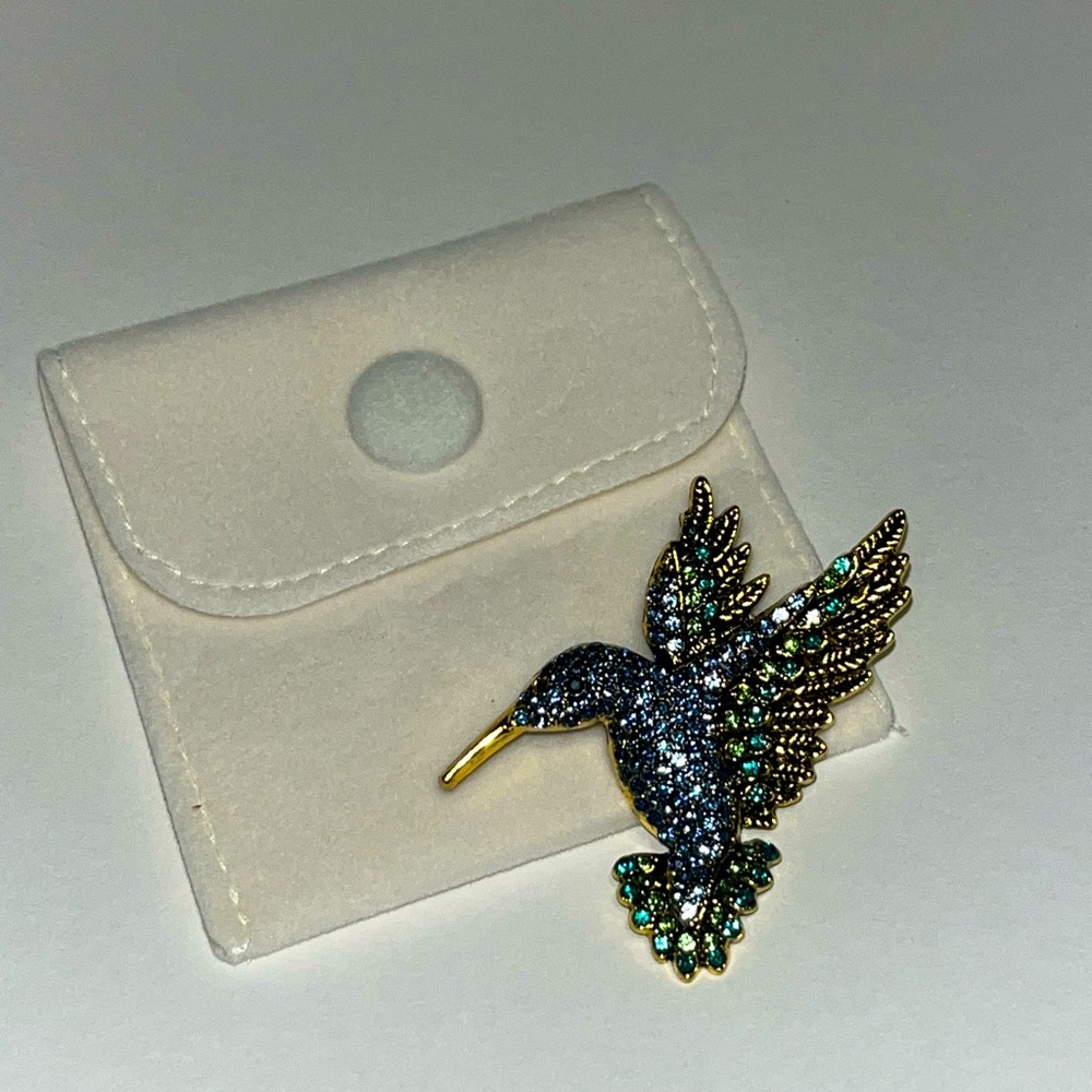 NEW Blue and Green Rhinestone Humming Bird Brooch with Storage Pouch